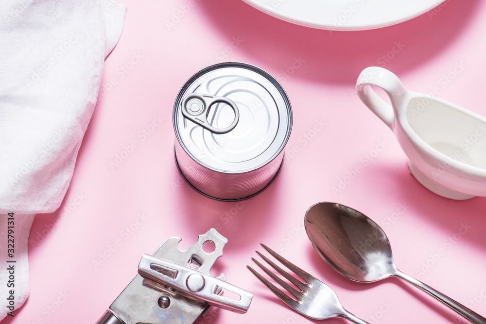 Tin Canned meal on kitchen table, top view Tin Canned meal on kitchen table, top view