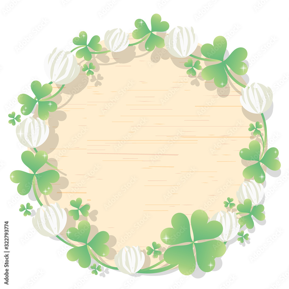 クローバーとシロツメクサのリース 中央下に四つ葉 枠 木目背景 Stock Vector Adobe Stock