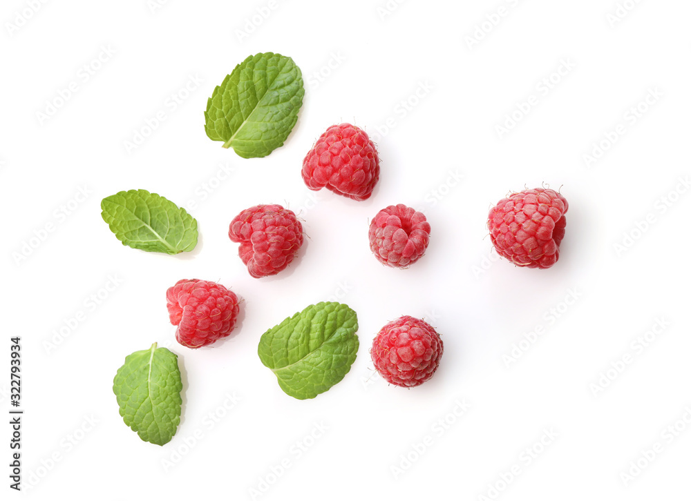 Ripe rasberries and mint isolated on white background. Top view Ripe rasberries and mint isolated on white background. Top view