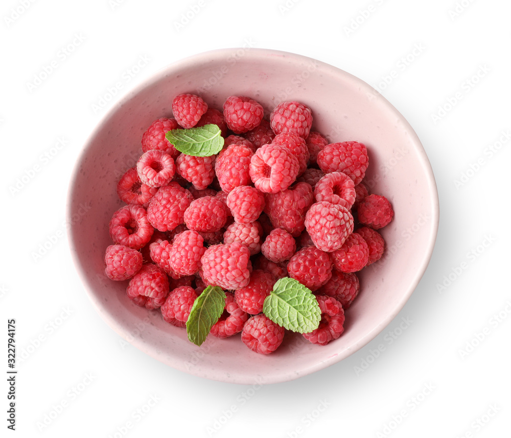 Bowl of red raspberries isoalted on white background Bowl of red raspberries isoalted on white background