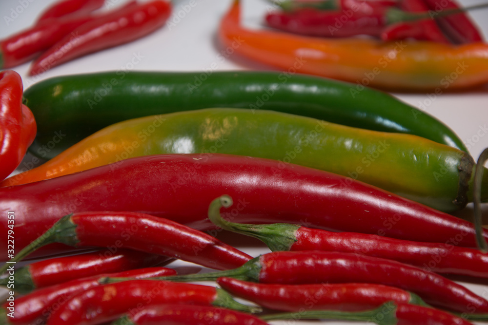 Chilli pepper, different types and colors, close-up photography