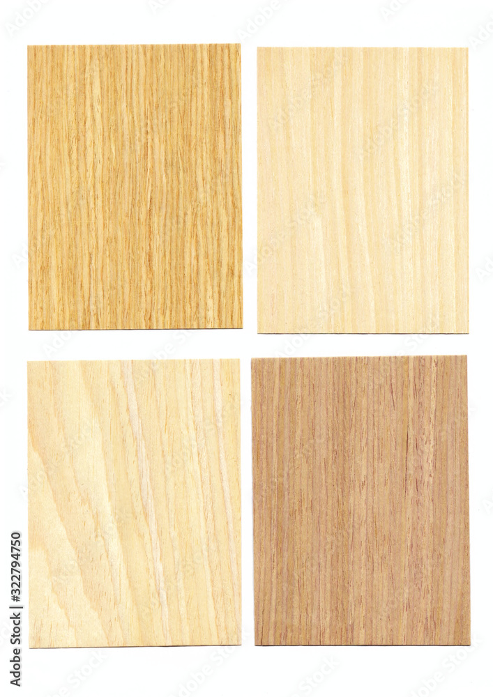 Naklejka premium Samples of veneer wood on white background. Material for interior architecture and construction or furniture finishing design concept.
