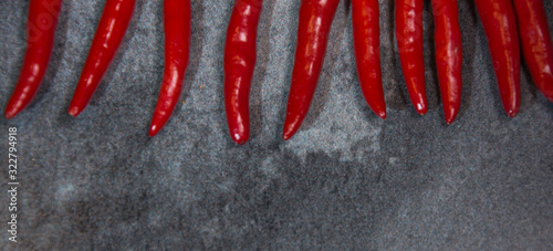 Chili pepper, different types and colors, with copy-space, on gray background