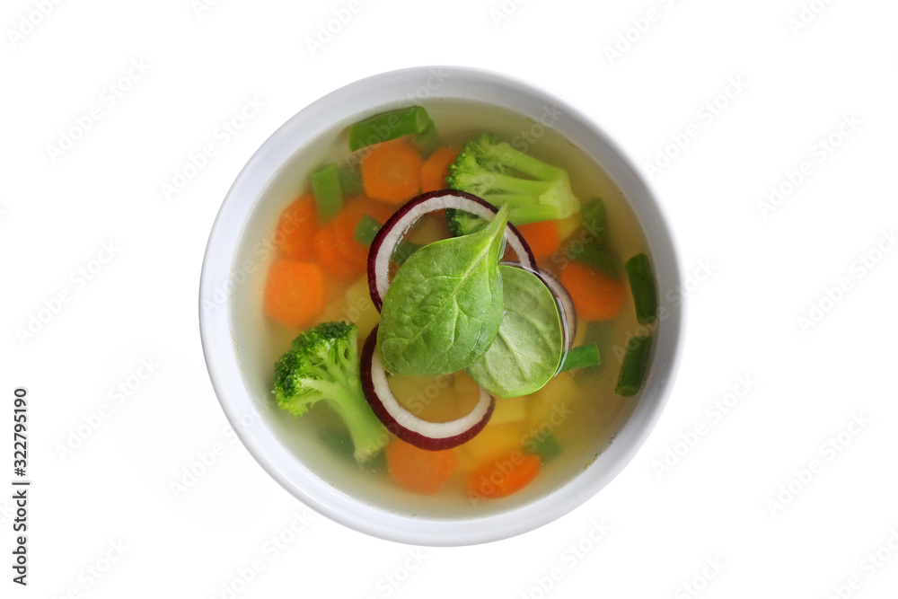 Vegetable soup isolated on white background. Top view Vegetable soup isolated on white background. Top view