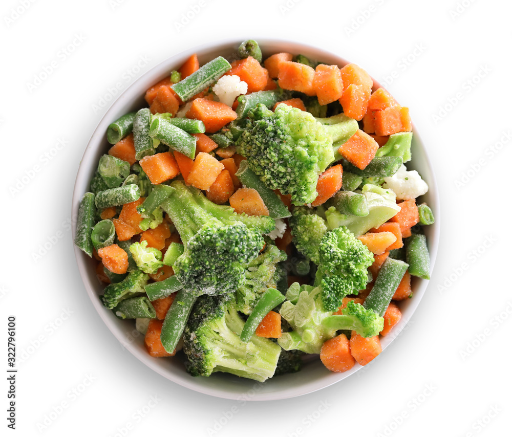 Frozen vegetables in bowl isolated on white. Top view Frozen vegetables in bowl isolated on white. Top view