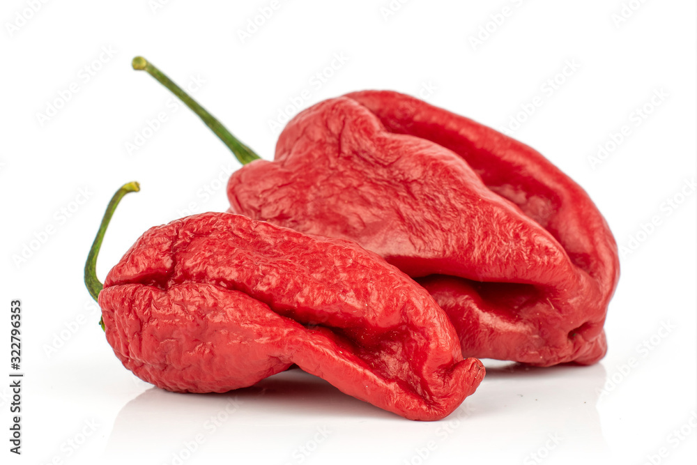Obraz premium Group of two whole hot chili pepper both red isolated on white background