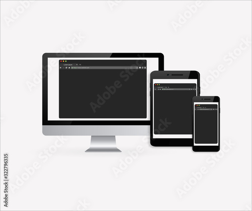 Modern dark mode browser window design. Web window screen mockup for laptop, tablet and phone.