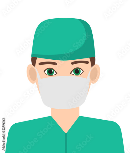 Surgeon in a green uniform and protective mask. The doctor, the anesthesiologist. Isolated on a white background. Vector illustration.