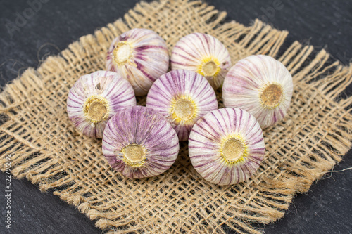 Group of seven whole fresh purple single clove garlic on natural sackcloth on grey stone