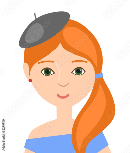 Avatar of cute red-haired girl in a beret. Portrait on a white background. Vector illustration.