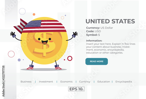 Cute Kawaii Handdrawn Coin Character Illustration Concept Of USD US Dollar From United States America Currency For Business, Investment, Economy, Education, Encyclopedia. Landing Page. Vector. EPS 10