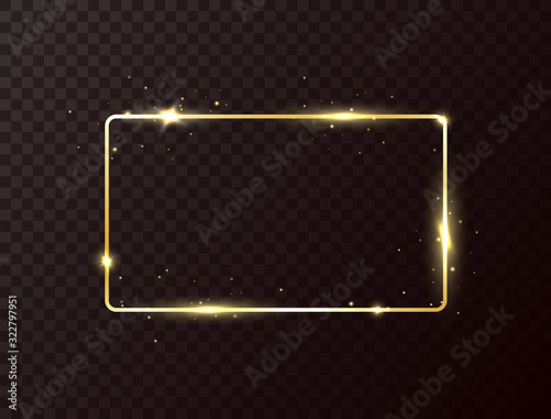 Golden frame with light effect. Shining rectangle banner on dark transparent background. Gold luxury glowing frame. Bright border with sparkles and stars. Vector illustration