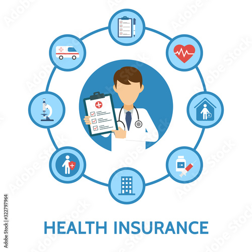 Health insurance infographic. Medical examination. Health protection. Healthcare, medical service. Online doctor diagnosis. Vector illustration