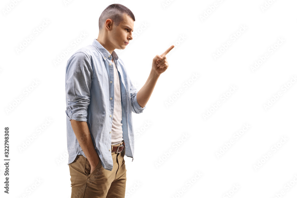 Angry young man gesturing with finger Angry young man gesturing with finger