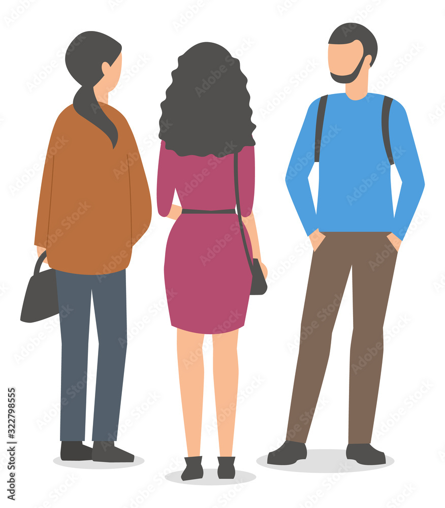 Three people are standing and talking. Isolated on a white background. Vector illustration. Flat design. Three people are standing and talking. Isolated on a white background. Vector illustration. Flat design.