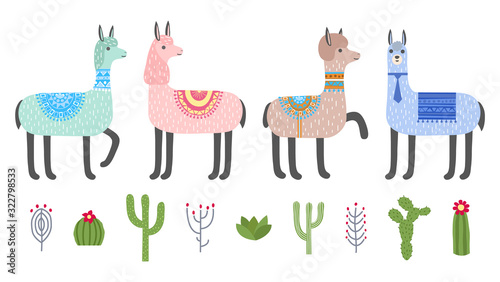 Cute cartoon alpacas, llamas and cacti. Set of stickers. Isolated on a white background. Vector illustration.