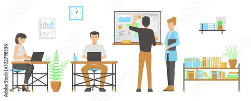 People in the office. Teamwork. Working process. Flat design. Vector illustration.