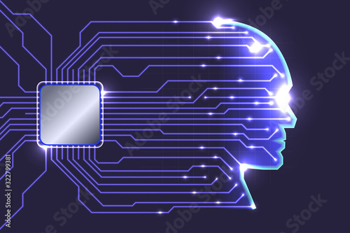 Digital technology face artificial intelligence with cpu and circuit. Fast Ai concept.