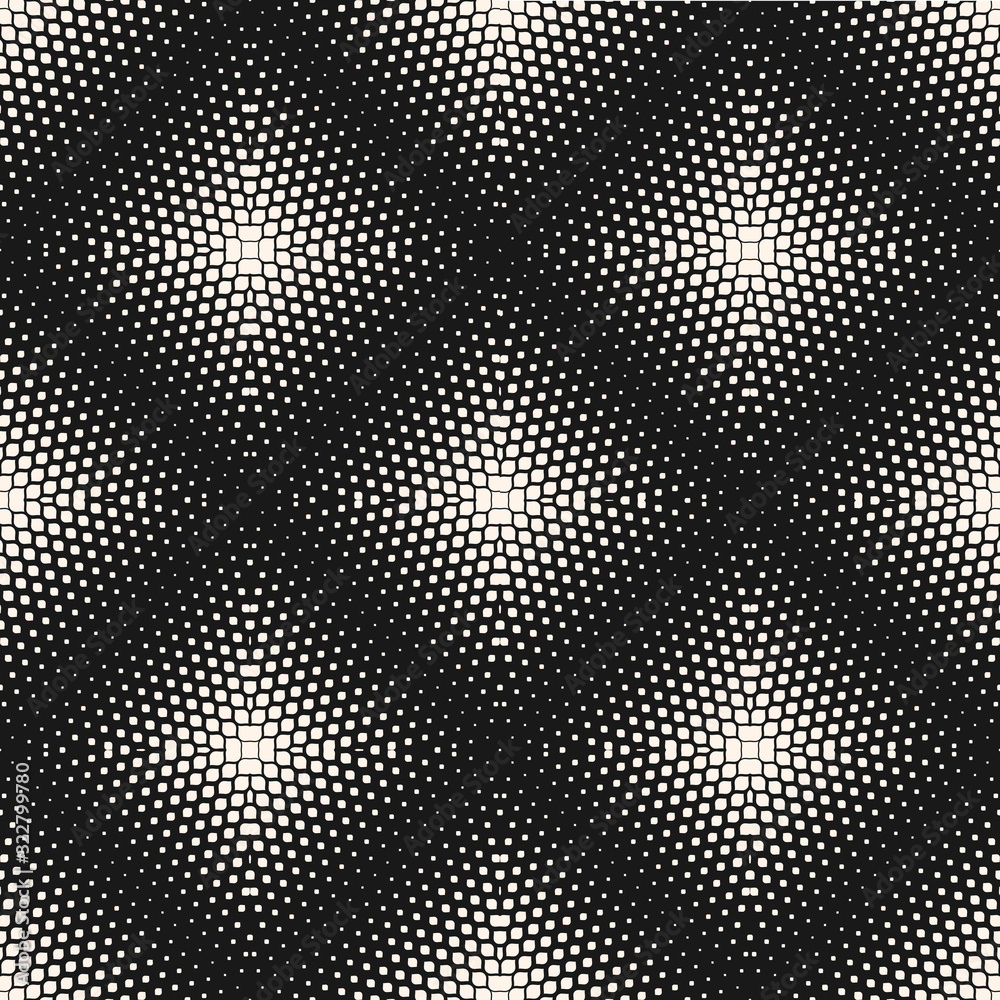 Vector seamless pattern, visual halftone transition effect. Monochrome texture with small rounded shapes in rhombic form, abstract repeat background. Stylish dark design for decoration, covers, web