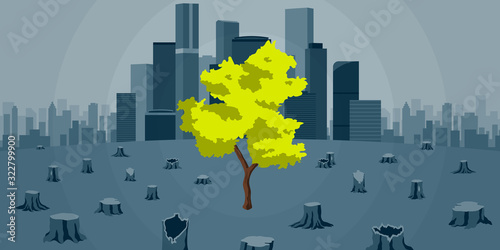 Symbolic vector illustration of deforestation due to expanding cities