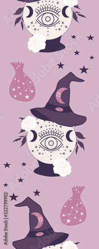 with.  rystal globe and witch hat in a seamless pattern photo