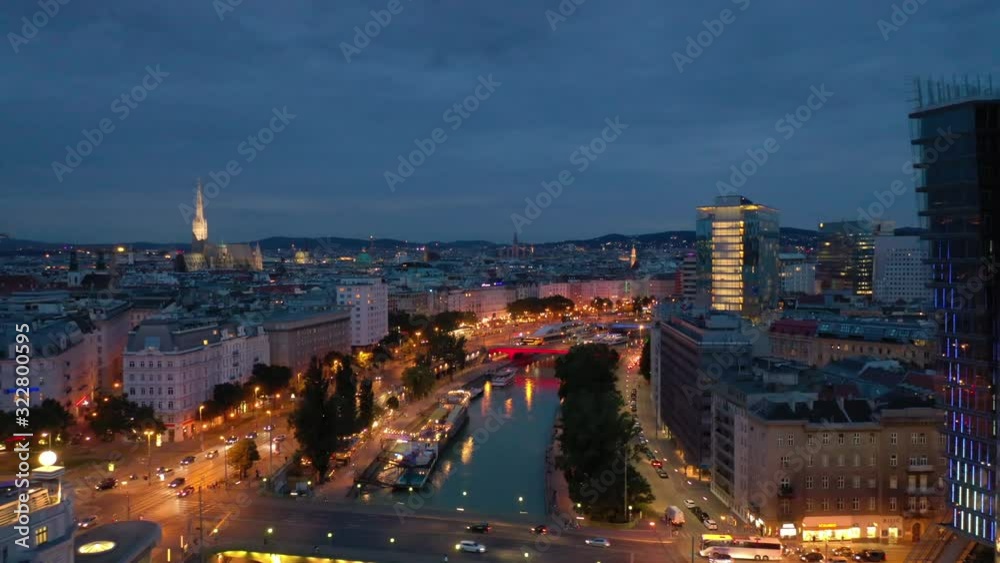 twilight time illumination vienna city famous riverside night life traffic aerial panorama 4k austria