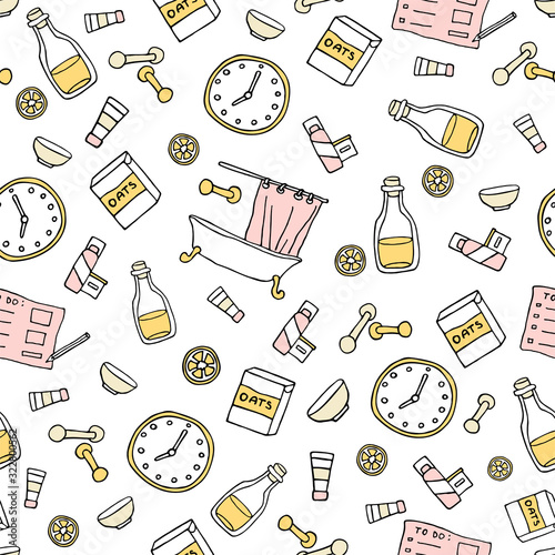 Morning routine seamless pattern including fitness, lemon water, shower, oatmeal, cosmetics and planning elements and icons. Woman self care concept. Vector illustration in a hand drawn style