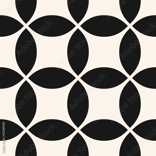 Vector geometric seamless pattern with big rounded shapes, grid, net, lattice. Simple abstract black and white background. Monochrome ornament texture. Repeatable design for decor, ceramic, textile
