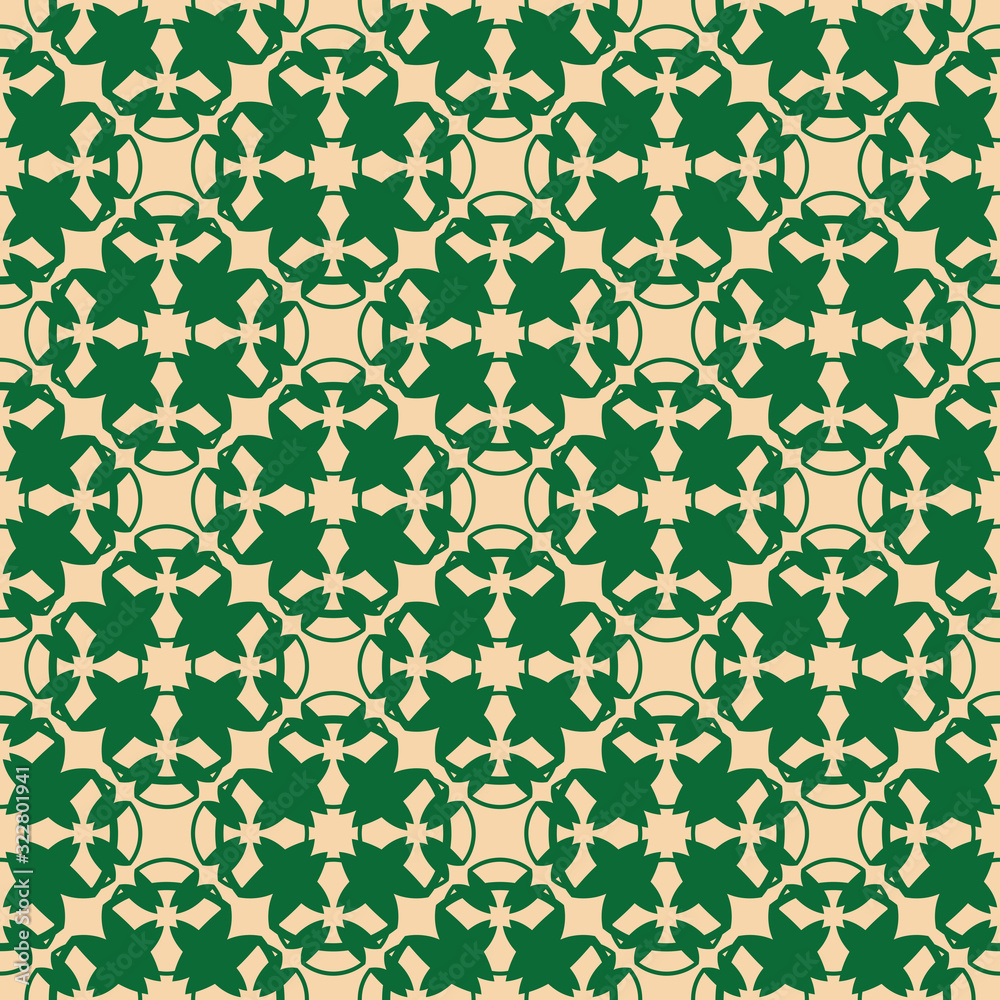 Vector floral geometric seamless pattern. Abstract ornament with flower silhouettes, carved shapes, crosses, repeat tiles. Background texture in dark green and beige colors. Retro vintage style design