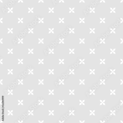 Subtle vector floral texture. Geometric seamless pattern with small flowers, crosses. Simple abstract ornament. White and light gray minimalist background. Minimal repeat design for decor, wallpapers