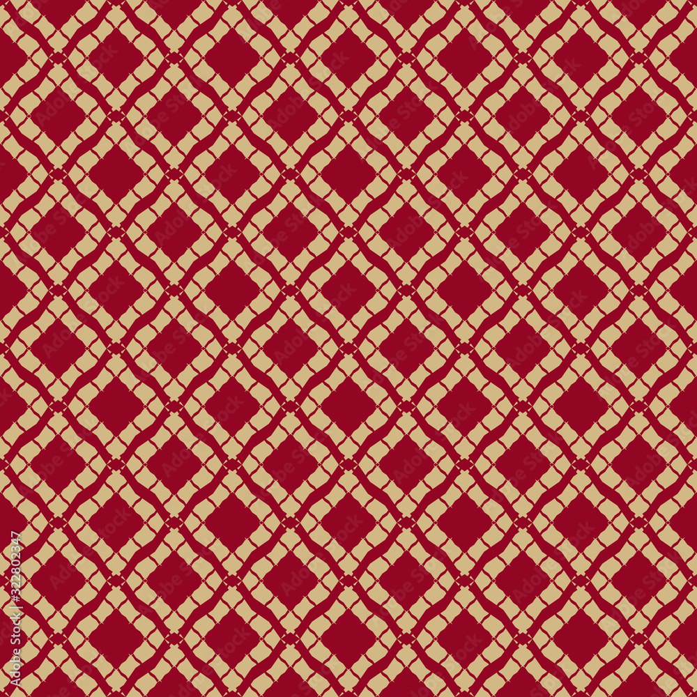 Golden grid geometric seamless pattern in oriental style. Luxury vector abstract background. Simple graphic ornament. Elegant dark red and gold texture with diamonds, rhombuses, net, repeat tiles