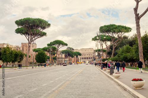 street in Rome city, Italy. Collosseum view