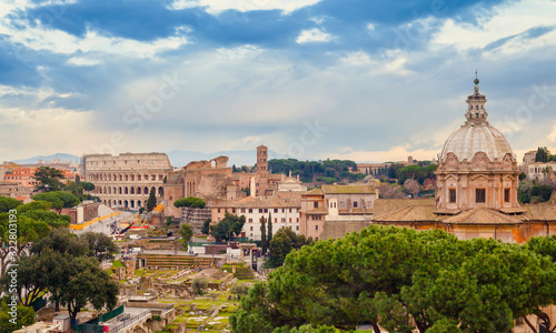 cityscape of Rome city and old ruins. Italy