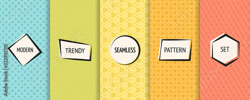 Vector colorful minimal seamless patterns set. Collection of cute modern minimalist geometric textures with small elements, dots, flowers, triangles. Abstract background swatches with modern stickers