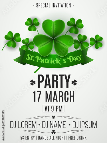 Patrick's day party flyer. Clovers and ribbon banner with text. Festive template for your project. DJ abd club name. Club invitation. Vector illustration