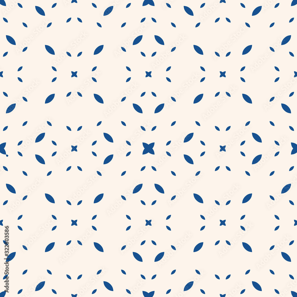 Vector minimalist seamless pattern. Abstract geometric texture with small shapes, seeds, drops, dots, floral silhouettes. Simple minimal blue and white background. Subtle repeated decorative design