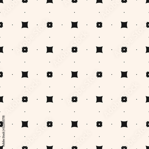 Simple minimalist geometric seamless pattern with small squares, tiny floral shapes, dots. Abstract monochrome background. Subtle minimal black and white texture. Delicate modern repeatable design
