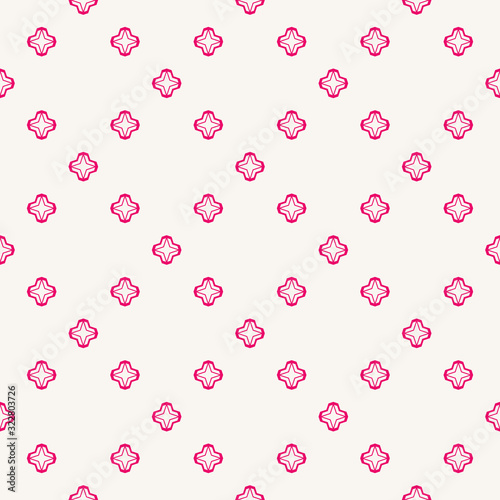 Vector geometric floral seamless pattern. Simple minimal texture. Pink and white abstract graphic background. Elegant minimalist ornament with small flowers, diamonds, stars. Repeat decorative design