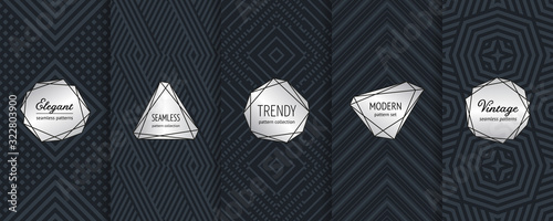 Luxury vector seamless pattern collection. Set of elegant black vintage background swatches with minimal silver labels. Modern metallic linear stickers. Abstract ornament textures. Premium design