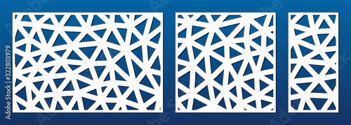Laser cut panel. Cutout silhouette with abstract geometric pattern, lines, triangles, grid. Decorative template for wood, metal cutting, engraving, fretwork, carving. Aspect ratio 3:2, 1:1, 1:2