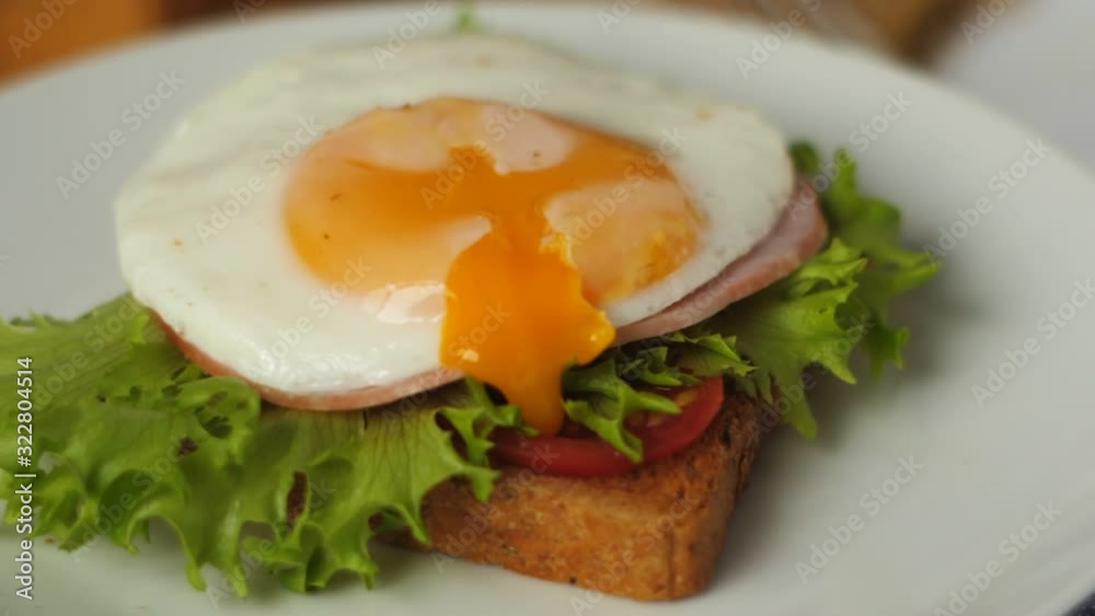 Fried egg on a breakfast plate with salad, bacon and bread Fried egg on a breakfast plate with salad, bacon and bread