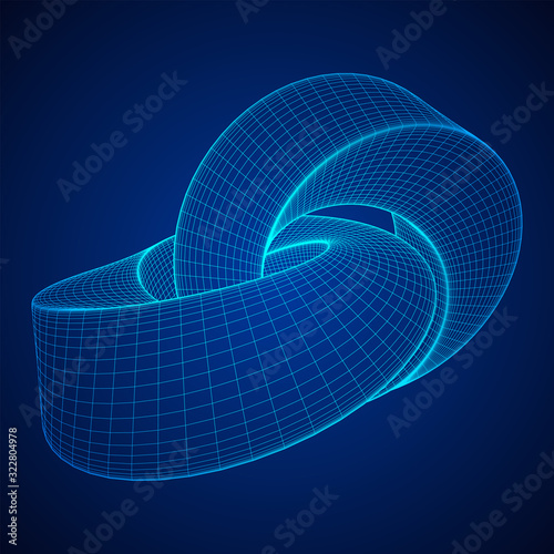 Mobius strip ring knot sacred geometry. Spatial figure with upturned surfaces. Optical illusion with dual circular contour. Wireframe low poly mesh vector illustration.
