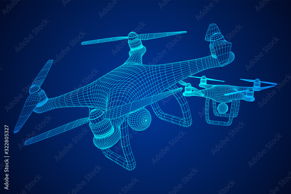 Remote control air drone. Dron flying with action video camera. Wireframe low poly mesh vector illustration Remote control air drone. Dron flying with action video camera. Wireframe low poly mesh vector illustration
