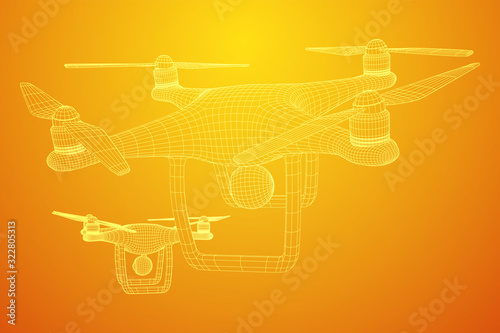 Remote control air drone. Dron flying with action video camera. Wireframe low poly mesh vector illustration
