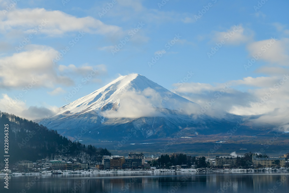 The view of Mount Fuji, Japan in the winter with snow covering all over