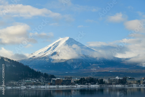 The view of Mount Fuji, Japan in the winter with snow covering all over