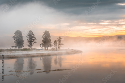 Morning fog at the Yellowstone Lake. Yellowstone National Park, Wyoming USA