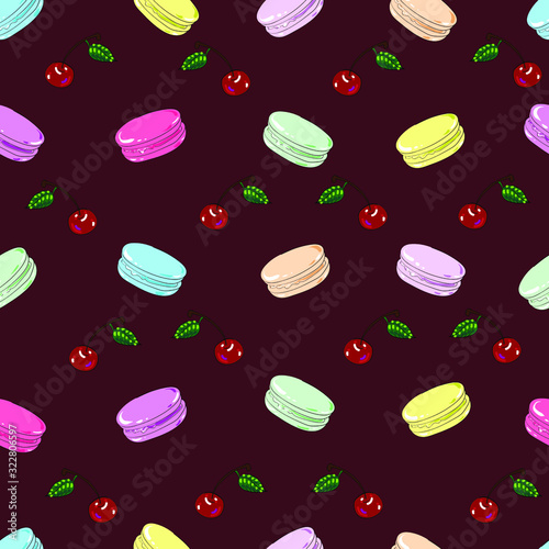 Seamless pattern with multicolored macaroons and cherries on a maroon background. Suitable for fabric, wrapping paper, Wallpaper, background, menu, cafe decoration, napkins, textiles.