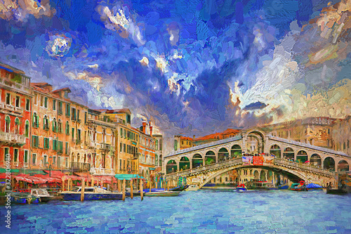 Fotografía Stunning afternoon landscape of Grand canal and Bridge Rialto during beautiful summer sky, tourists from over the world visiting famous architecture and landmarks in Venice, Italy