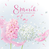 Pink Hyacinth flower and white Hydrangea flower for 8 March vector greeting card